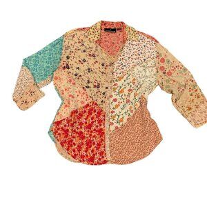 Sacred Threads Womens Sz M Button-Front Blouse Patchwork Floral BOHO 209B